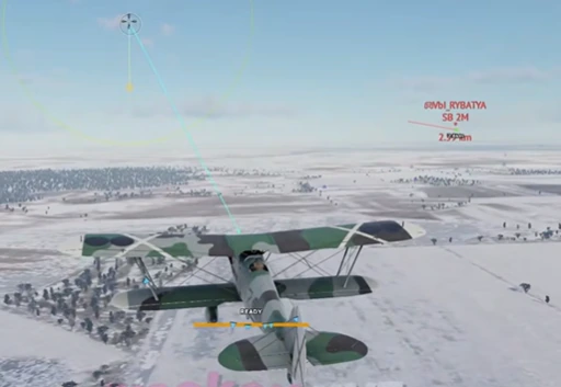 War Thunder cheat overlay with a cyan line to a named aircraft and distance tag