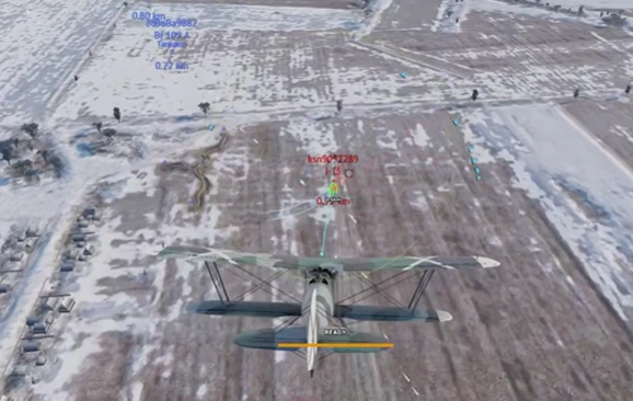 War Thunder cheat overlay with boxes and distance readouts over a snow battlefield